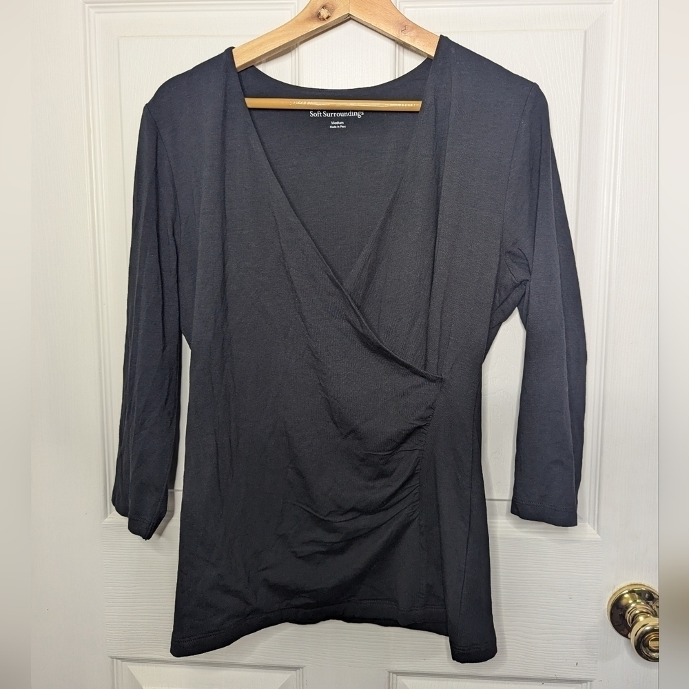 Soft Surroundings Women’s Alyssa Knit Black Wrap Top Size Medium 3/4 Sleeve